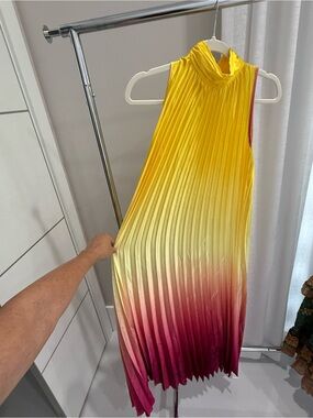 Sleeveless Pleated Ombre Yellow to Pink Midi Dress